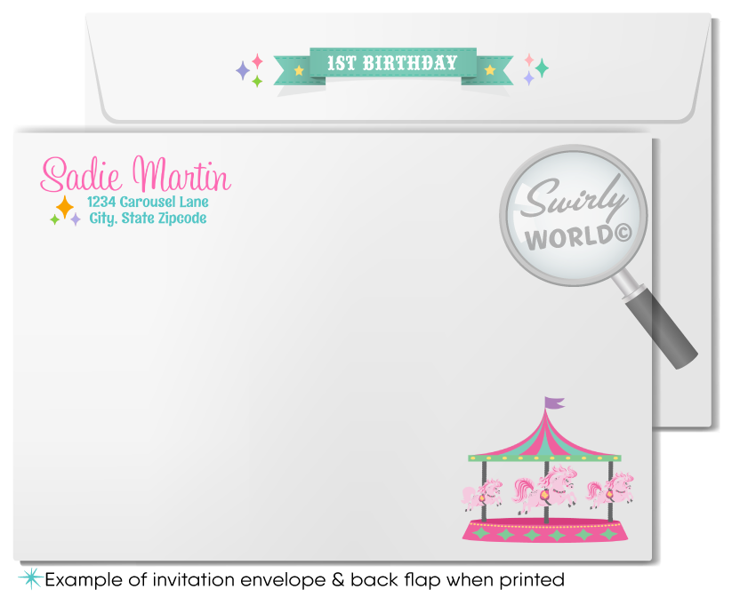 Vintage Pastel Carousel Carnival Merry-Go-Round Printed 1st Birthday Invites for Girls