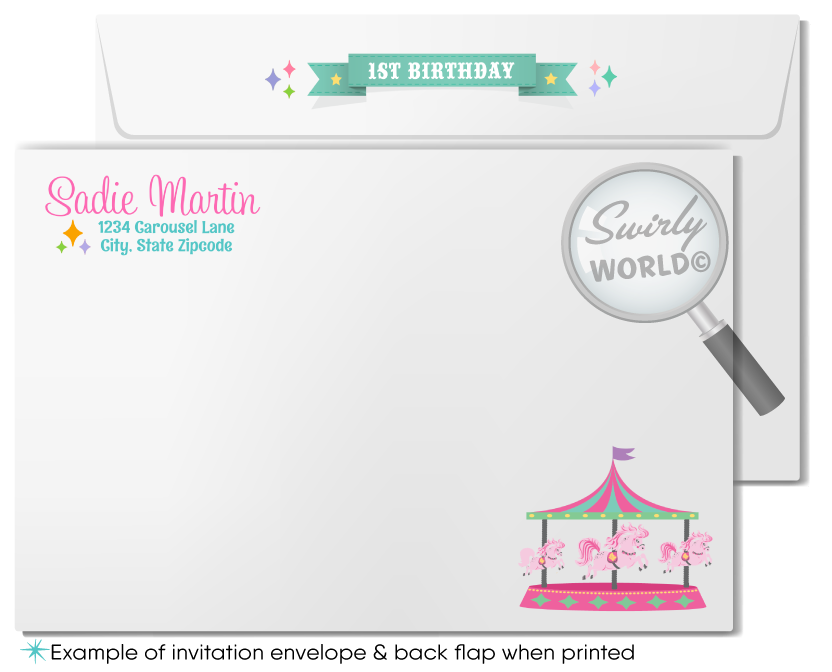 Pastel Retro Vintage Carousel Carnival Girl's First 1st Birthday Invitation Digital Download