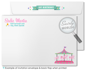 Step right up to a whimsical celebration with our Retro Vintage Carousel Party Invitation Digital Bundle. Designed for your daughter's first birthday, this set features ornate pink carousel horses, a pastel palette, and nostalgic carnival motifs. Includes customizable invites, thank you cards, and envelopes.