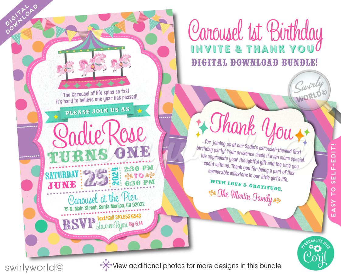 Step right up to a whimsical celebration with our Retro Vintage Carousel Party Invitation Digital Bundle. Designed for your daughter's first birthday, this set features ornate pink carousel horses, a pastel palette, and nostalgic carnival motifs. Includes customizable invites, thank you cards, and envelopes.