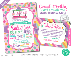 Step right up to a whimsical celebration with our Retro Vintage Carousel Party Invitation Digital Bundle. Designed for your daughter's first birthday, this set features ornate pink carousel horses, a pastel palette, and nostalgic carnival motifs. Includes customizable invites, thank you cards, and envelopes.