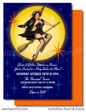 Elevate your Halloween party with our vintage atomic Pin-up invitation! Featuring a sultry 1950s-style witch flying across a moonlit sky, this design captures mid-century charm and spooky sophistication. Customizable with matching envelopes, easily edit and download for a stylish, unforgettable event.