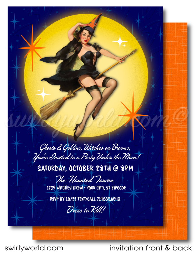 Retro Modern Vintage Rockabilly Pin-up Girl Witch Halloween Costume Party Invitations