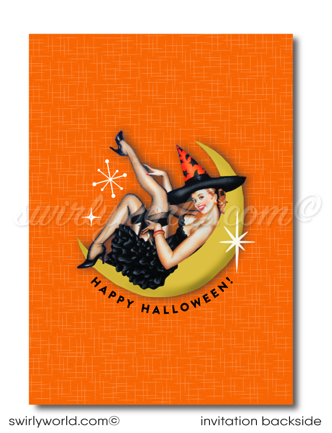 Elevate your Halloween party with our vintage atomic Pin-up invitation! Featuring a sultry 1950s-style witch flying across a moonlit sky, this design captures mid-century charm and spooky sophistication. Customizable with matching envelopes, easily edit and download for a stylish, unforgettable event.