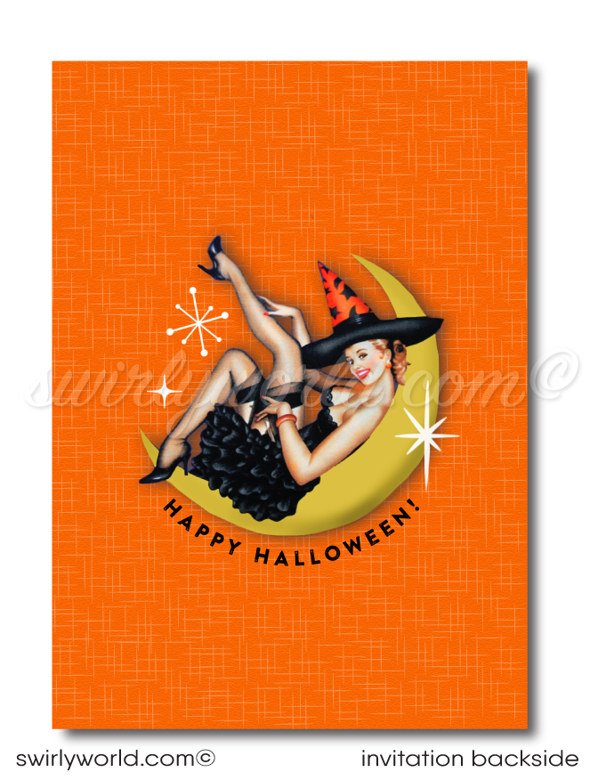 Retro Modern Vintage Rockabilly Pin-up Girl Witch Halloween Costume Party Invitations