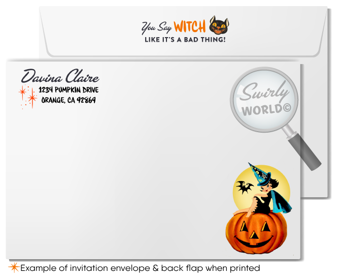Elevate your Halloween party with our vintage atomic Pin-up invitation! Featuring a sultry 1950s-style witch flying across a moonlit sky, this design captures mid-century charm and spooky sophistication. Customizable with matching envelopes, easily edit and download for a stylish, unforgettable event.