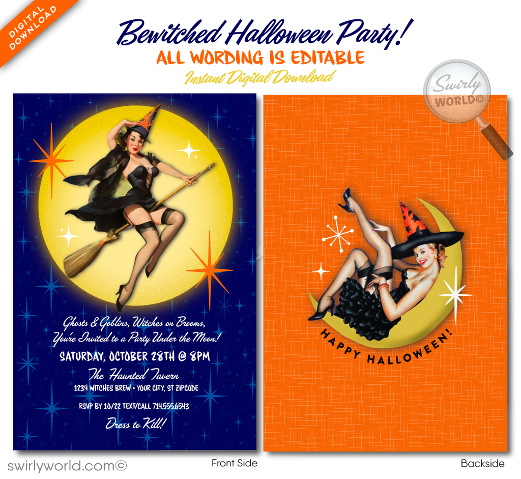 Vintage 1950s Retro "Bewitched" Pin-up Bewitched Halloween Party Invitation Digital Download