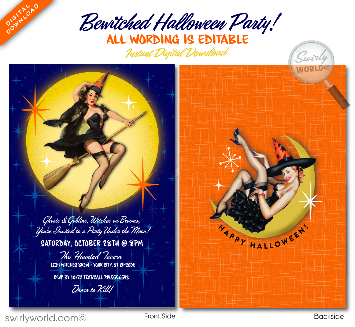 Elevate your Halloween party with our vintage atomic Pin-up invitation! Featuring a sultry 1950s-style witch flying across a moonlit sky, this design captures mid-century charm and spooky sophistication. Customizable with matching envelopes, easily edit and download for a stylish, unforgettable event.
