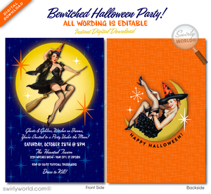 Elevate your Halloween party with our vintage atomic Pin-up invitation! Featuring a sultry 1950s-style witch flying across a moonlit sky, this design captures mid-century charm and spooky sophistication. Customizable with matching envelopes, easily edit and download for a stylish, unforgettable event.
