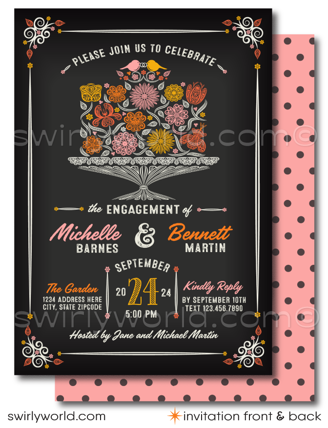 <p><em>Crafted with a keen eye for detail, this invitation set features a beautiful illustration of love birds perched atop a delicately designed cake of flowers, creating a symbol of love and togetherness that is both timeless and touching. The artwork is elegantly juxtaposed on a classic chalkboard background, providing a striking contrast that enhances the vintage charm of the design. Complemented by retro fonts and colors, this invitation effortlessly captures the essence of romance and celebration.