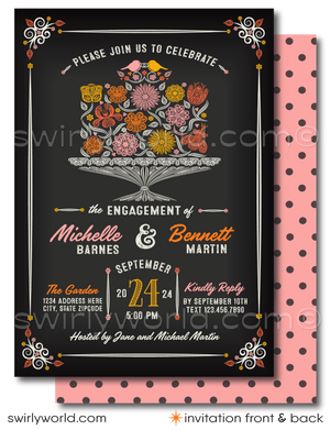 <p><em>Crafted with a keen eye for detail, this invitation set features a beautiful illustration of love birds perched atop a delicately designed cake of flowers, creating a symbol of love and togetherness that is both timeless and touching. The artwork is elegantly juxtaposed on a classic chalkboard background, providing a striking contrast that enhances the vintage charm of the design. Complemented by retro fonts and colors, this invitation effortlessly captures the essence of romance and celebration.