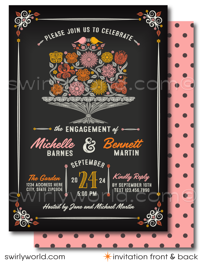 Vintage Cake Romantic "Love Birds" Unique Printed Engagement Party Invitations