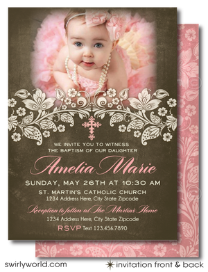 Download our customizable vintage-style Baptism invitation set, perfect for First Holy Communion or Confirmation. Features elegant pink lace and retro typography, with options to add a personal photo. Make your celebration memorable with our beautiful, editable templates!