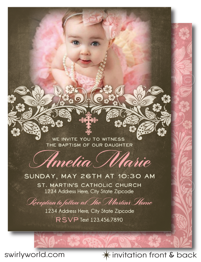 Download our customizable vintage-style Baptism invitation set, perfect for First Holy Communion or Confirmation. Features elegant pink lace and retro typography, with options to add a personal photo. Make your celebration memorable with our beautiful, editable templates!