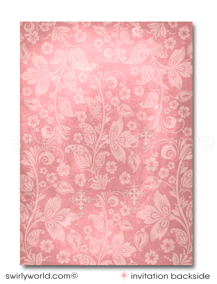 Download our customizable vintage-style Baptism invitation set, perfect for First Holy Communion or Confirmation. Features elegant pink lace and retro typography, with options to add a personal photo. Make your celebration memorable with our beautiful, editable templates!