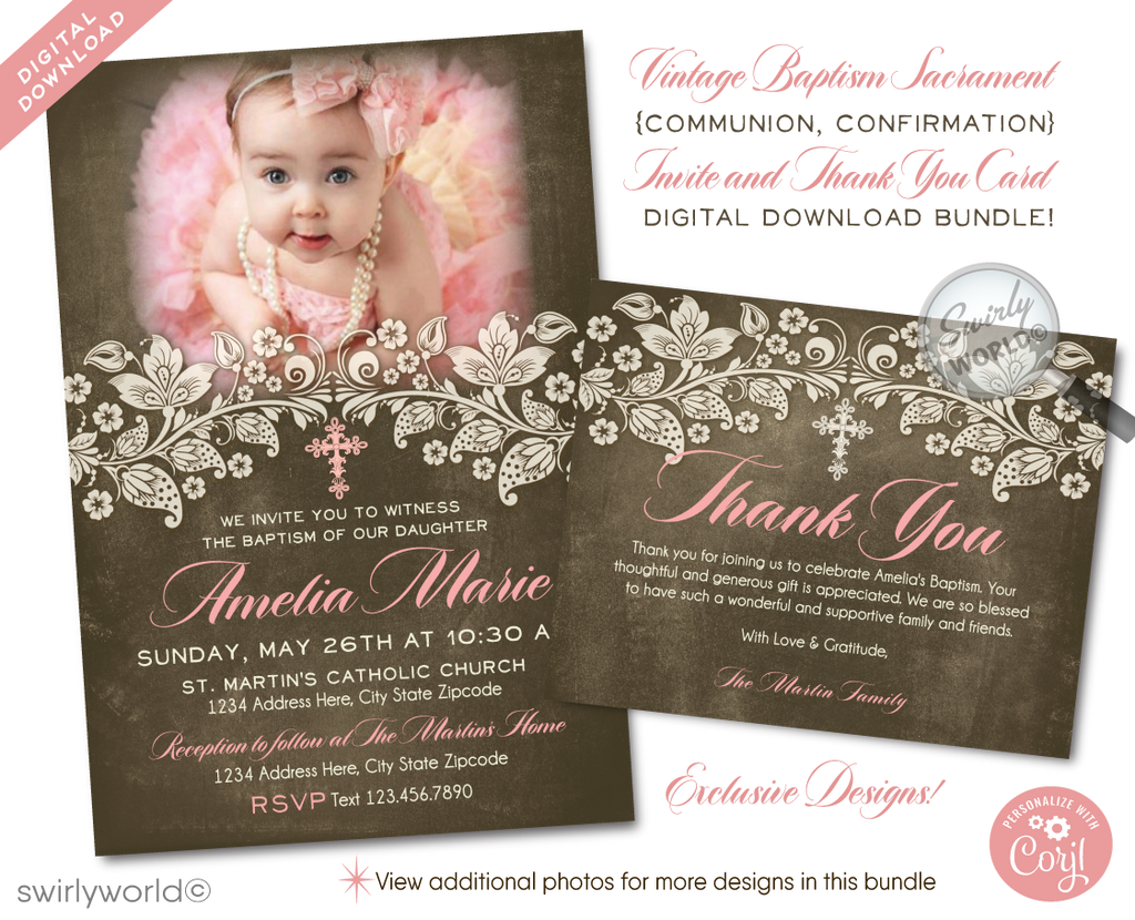 Download our customizable vintage-style Baptism invitation set, perfect for First Holy Communion or Confirmation. Features elegant pink lace and retro typography, with options to add a personal photo. Make your celebration memorable with our beautiful, editable templates!