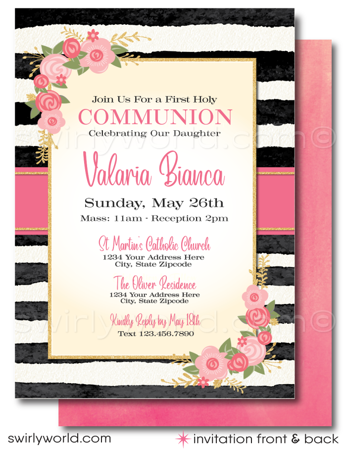 Celebrate a special sacramental occasion with our elegant Shabby Chic inspired digital invitation set, perfect for First Holy Communion, Baptism, and Confirmation. This beautifully designed collection features a charming blend of a peachy pink with black and white stripes, adorned with retro flower blossoms and gold glitter accents, adding a touch of vintage glamour to your event.