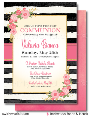 Discover our Vintage Shabby Chic Floral Invitation Set, perfect for First Holy Communion, Baptism, & Confirmation. Features editable vintage floral accents, calligraphy, pink & black stripes with watercolor flowers, and gold glitter. Instantly customize for your special occasion!