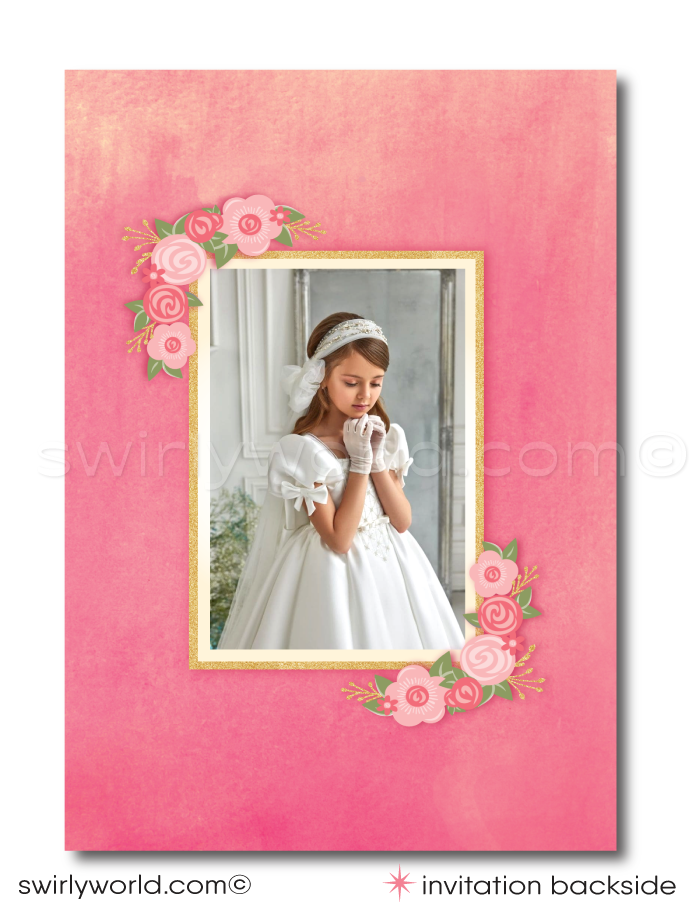 Celebrate a special sacramental occasion with our elegant Shabby Chic inspired digital invitation set, perfect for First Holy Communion, Baptism, and Confirmation. This beautifully designed collection features a charming blend of a peachy pink with black and white stripes, adorned with retro flower blossoms and gold glitter accents, adding a touch of vintage glamour to your event.