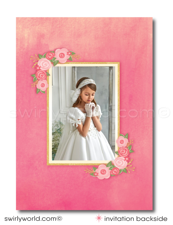 Celebrate a special sacramental occasion with our elegant Shabby Chic inspired digital invitation set, perfect for First Holy Communion, Baptism, and Confirmation. This beautifully designed collection features a charming blend of a peachy pink with black and white stripes, adorned with retro flower blossoms and gold glitter accents, adding a touch of vintage glamour to your event.