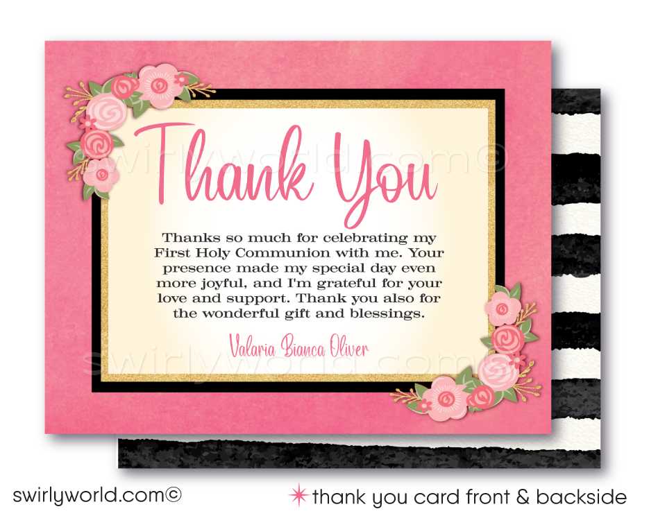 Discover our Vintage Shabby Chic Floral Invitation Set, perfect for First Holy Communion, Baptism, & Confirmation. Features editable vintage floral accents, calligraphy, pink & black stripes with watercolor flowers, and gold glitter. Instantly customize for your special occasion!