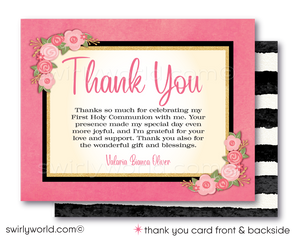 Discover our Vintage Shabby Chic Floral Invitation Set, perfect for First Holy Communion, Baptism, & Confirmation. Features editable vintage floral accents, calligraphy, pink & black stripes with watercolor flowers, and gold glitter. Instantly customize for your special occasion!