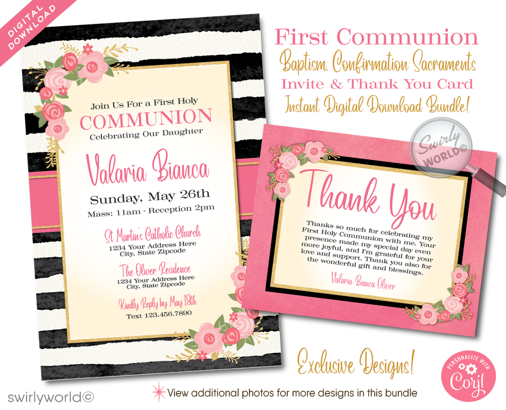 Celebrate a special sacramental occasion with our elegant Shabby Chic inspired digital invitation set, perfect for First Holy Communion, Baptism, and Confirmation. This beautifully designed collection features a charming blend of a peachy pink with black and white stripes, adorned with retro flower blossoms and gold glitter accents, adding a touch of vintage glamour to your event.