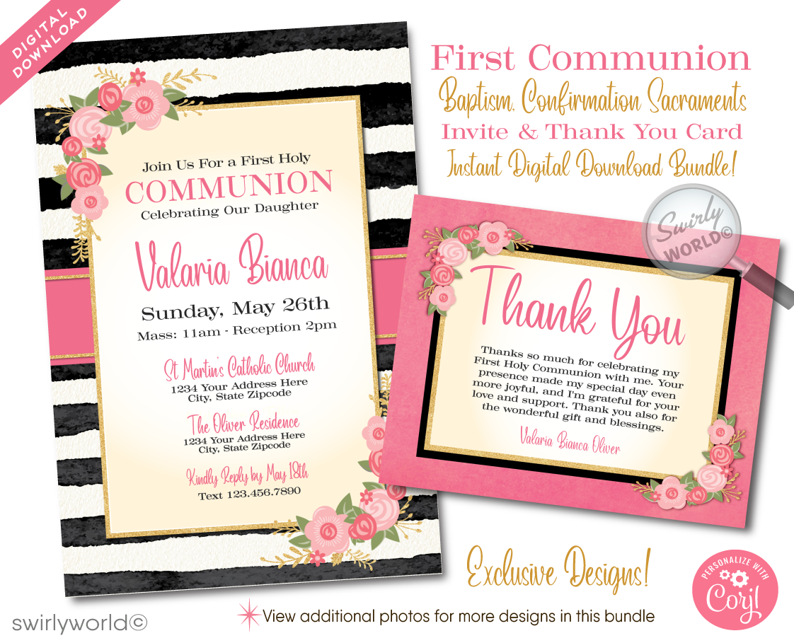 Celebrate a special sacramental occasion with our elegant Shabby Chic inspired digital invitation set, perfect for First Holy Communion, Baptism, and Confirmation. This beautifully designed collection features a charming blend of a peachy pink with black and white stripes, adorned with retro flower blossoms and gold glitter accents, adding a touch of vintage glamour to your event.