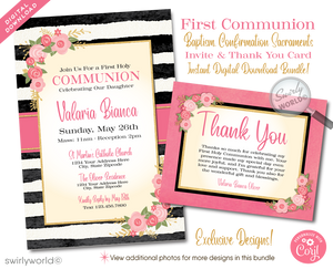 Celebrate a special sacramental occasion with our elegant Shabby Chic inspired digital invitation set, perfect for First Holy Communion, Baptism, and Confirmation. This beautifully designed collection features a charming blend of a peachy pink with black and white stripes, adorned with retro flower blossoms and gold glitter accents, adding a touch of vintage glamour to your event.
