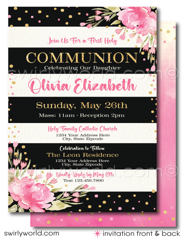 Discover our Shabby Chic Invitation Set, perfect for First Holy Communion, Baptism, & Confirmation. Features editable vintage floral accents, calligraphy, pink & black stripes with watercolor flowers, and gold glitter. Instantly customize for your special occasion! Let us print and ship to you for convenience. 