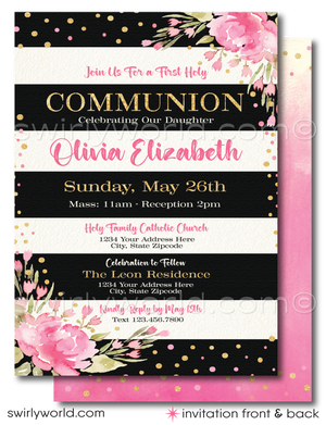 Discover our Shabby Chic Invitation Set, perfect for First Holy Communion, Baptism, & Confirmation. Features editable vintage floral accents, calligraphy, pink & black stripes with watercolor flowers, and gold glitter. Instantly customize for your special occasion! Let us print and ship to you for convenience. 