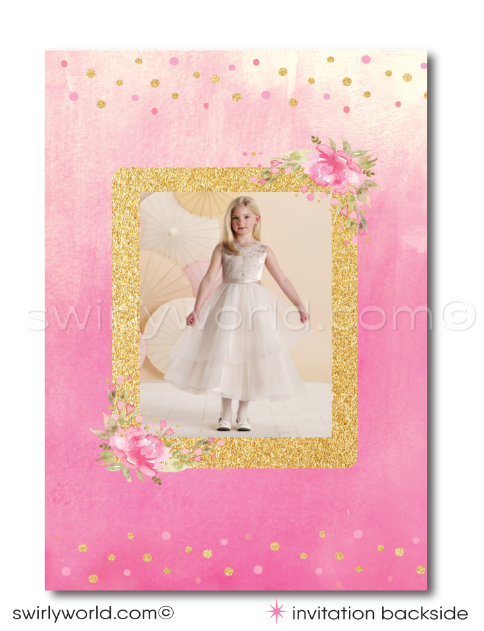 Discover our Shabby Chic Invitation Set, perfect for First Holy Communion, Baptism, & Confirmation. Features editable vintage floral accents, calligraphy, pink & black stripes with watercolor flowers, and gold glitter. Instantly customize for your special occasion! Let us print and ship to you for convenience. 