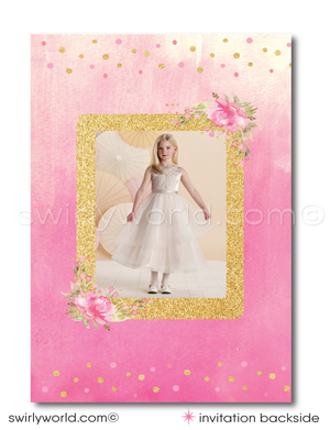 Shabby Chic Printed Invitation Set for Sacraments - Editable with Floral Accents & Gold Glitter