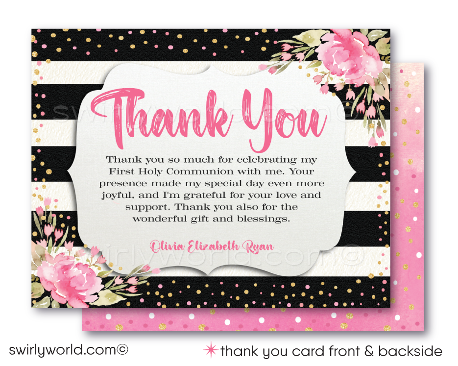 Discover our Shabby Chic Invitation Set, perfect for First Holy Communion, Baptism, & Confirmation. Features editable vintage floral accents, calligraphy, pink & black stripes with watercolor flowers, and gold glitter. Instantly customize for your special occasion! Let us print and ship to you for convenience. 