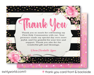 Discover our Shabby Chic Invitation Set, perfect for First Holy Communion, Baptism, & Confirmation. Features editable vintage floral accents, calligraphy, pink & black stripes with watercolor flowers, and gold glitter. Instantly customize for your special occasion! Let us print and ship to you for convenience. 