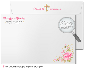 Shabby Chic Printed Invitation Set for Sacraments - Editable with Floral Accents & Gold Glitter