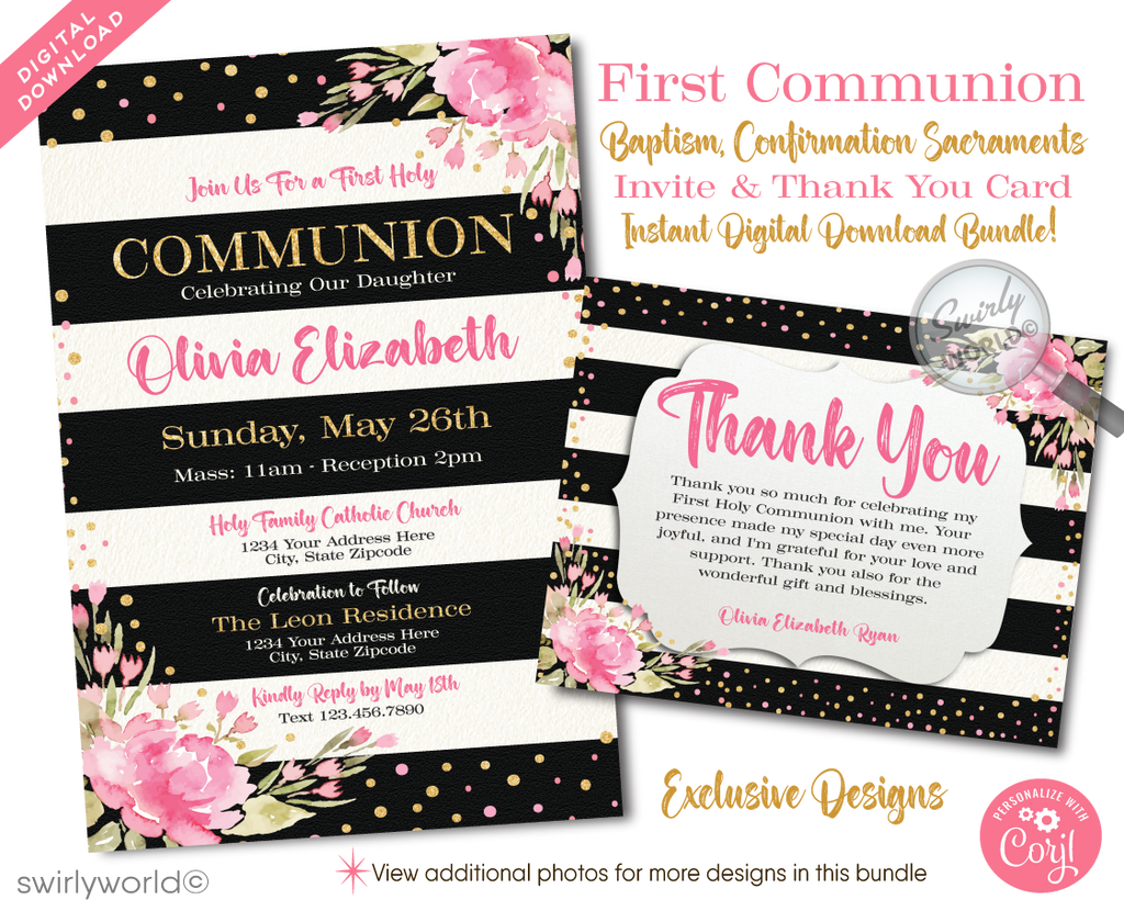 Download our Shabby Chic Invitation Set, perfect for First Holy Communion, Baptism, or Confirmation celebration. Features editable vintage floral accents, calligraphy, pink & black stripes with watercolor flowers, and gold glitter. Instantly customize for your special occasion!