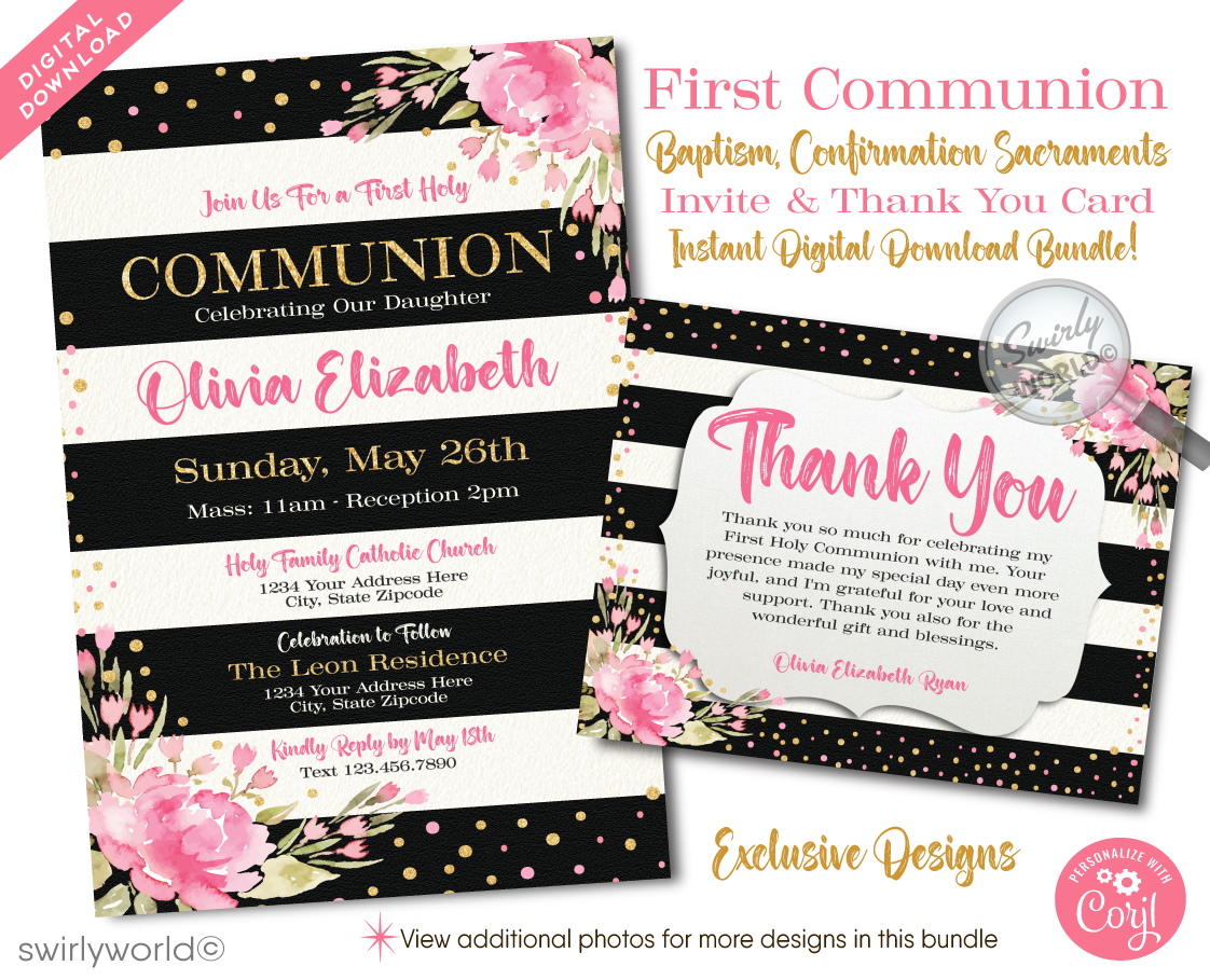 Download our Shabby Chic Invitation Set, perfect for First Holy Communion, Baptism, or Confirmation celebration. Features editable vintage floral accents, calligraphy, pink & black stripes with watercolor flowers, and gold glitter. Instantly customize for your special occasion!