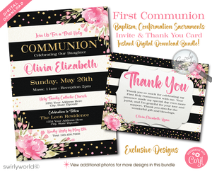 Download our Shabby Chic Invitation Set, perfect for First Holy Communion, Baptism, or Confirmation celebration. Features editable vintage floral accents, calligraphy, pink & black stripes with watercolor flowers, and gold glitter. Instantly customize for your special occasion!