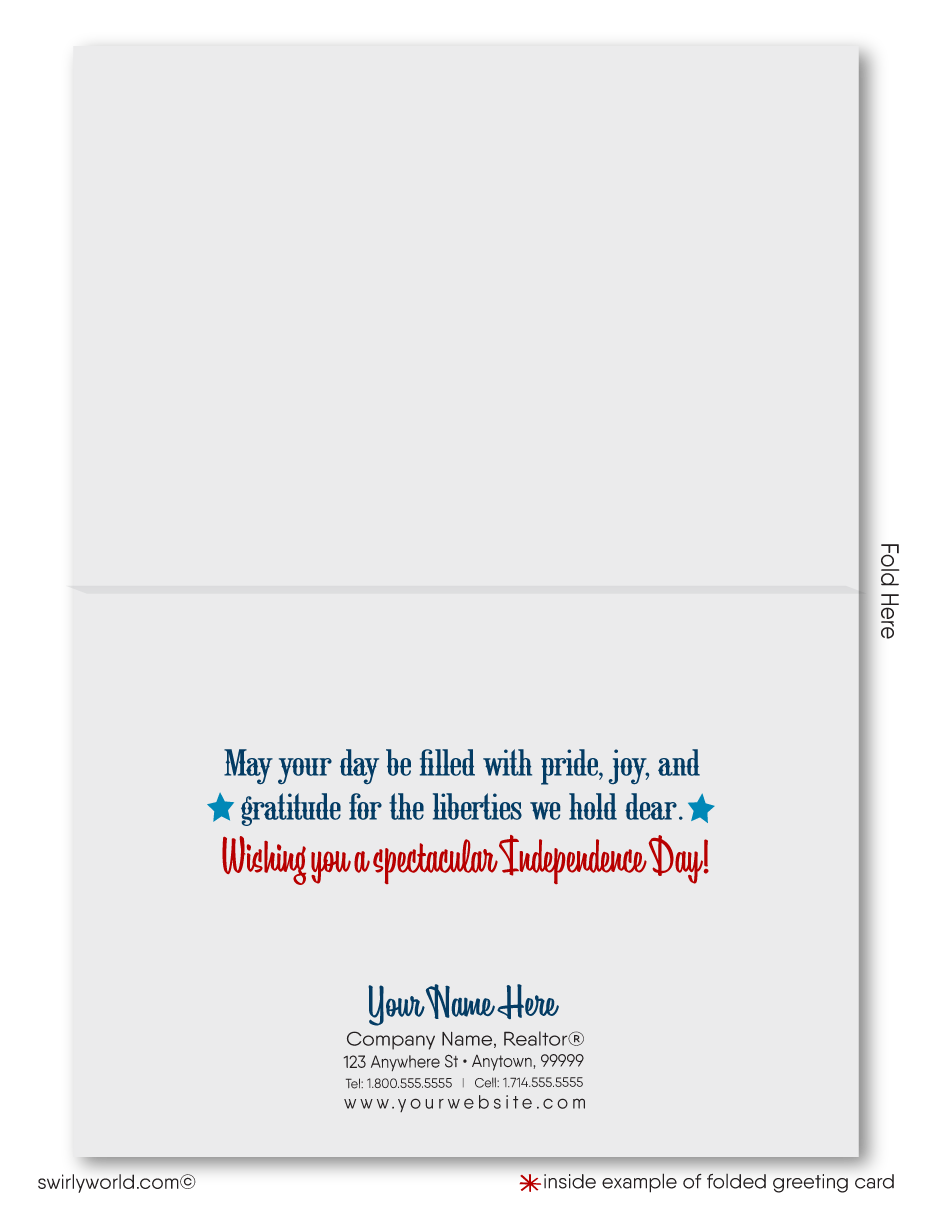 Perfect for sending warm greetings to your customers, clients, and vendors during the Fourth of July festivities, each card showcases a majestic American Bald Eagle and the patriotic American Flag, enhanced by vintage-style typography and a classic red, white, and blue motif that truly embodies the spirit of the holiday.