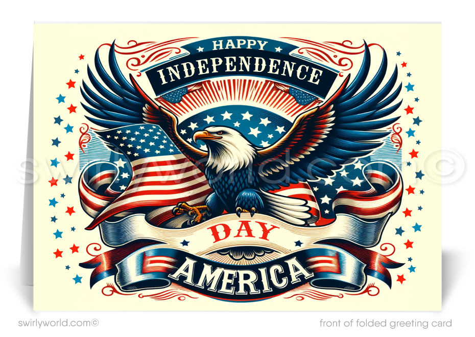 Perfect for sending warm greetings to your customers, clients, and vendors during the Fourth of July festivities, each card showcases a majestic American Bald Eagle and the patriotic American Flag, enhanced by vintage-style typography and a classic red, white, and blue motif that truly embodies the spirit of the holiday.