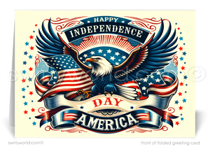 Perfect for sending warm greetings to your customers, clients, and vendors during the Fourth of July festivities, each card showcases a majestic American Bald Eagle and the patriotic American Flag, enhanced by vintage-style typography and a classic red, white, and blue motif that truly embodies the spirit of the holiday.