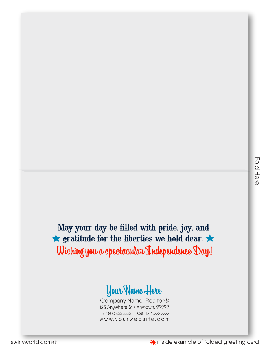 These July 4th greeting cards provide a wonderful opportunity to send warm wishes to customers, clients, and vendors during this festive season. Featuring a classic red, white, and blue theme, each card showcases a majestic American Eagle with Patriotic American flag, perfectly capturing the spirit of the holiday.