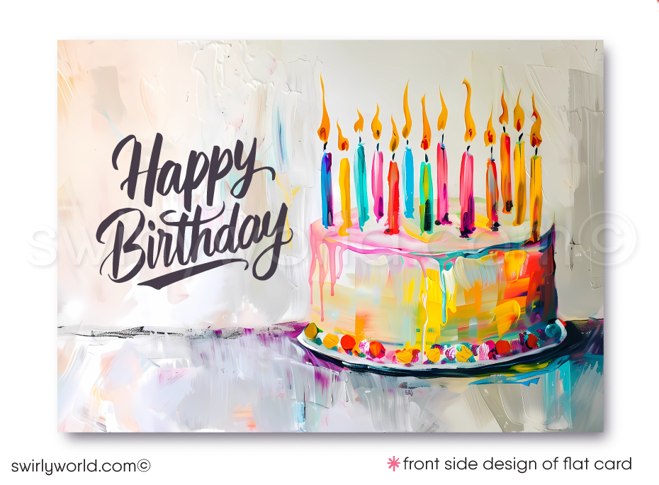 Make your clients' special day memorable with our unique Happy Birthday card featuring a vibrant cake with candles design, retro-style calligraphy, and watercolor hues. Available as folded or flat cards, printed on thick card stock with matching envelopes. Upgrade to customized envelopes with your logo for a professional touch.