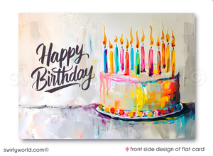 Make your clients' special day memorable with our unique Happy Birthday card featuring a vibrant cake with candles design, retro-style calligraphy, and watercolor hues. Available as folded or flat cards, printed on thick card stock with matching envelopes. Upgrade to customized envelopes with your logo for a professional touch.