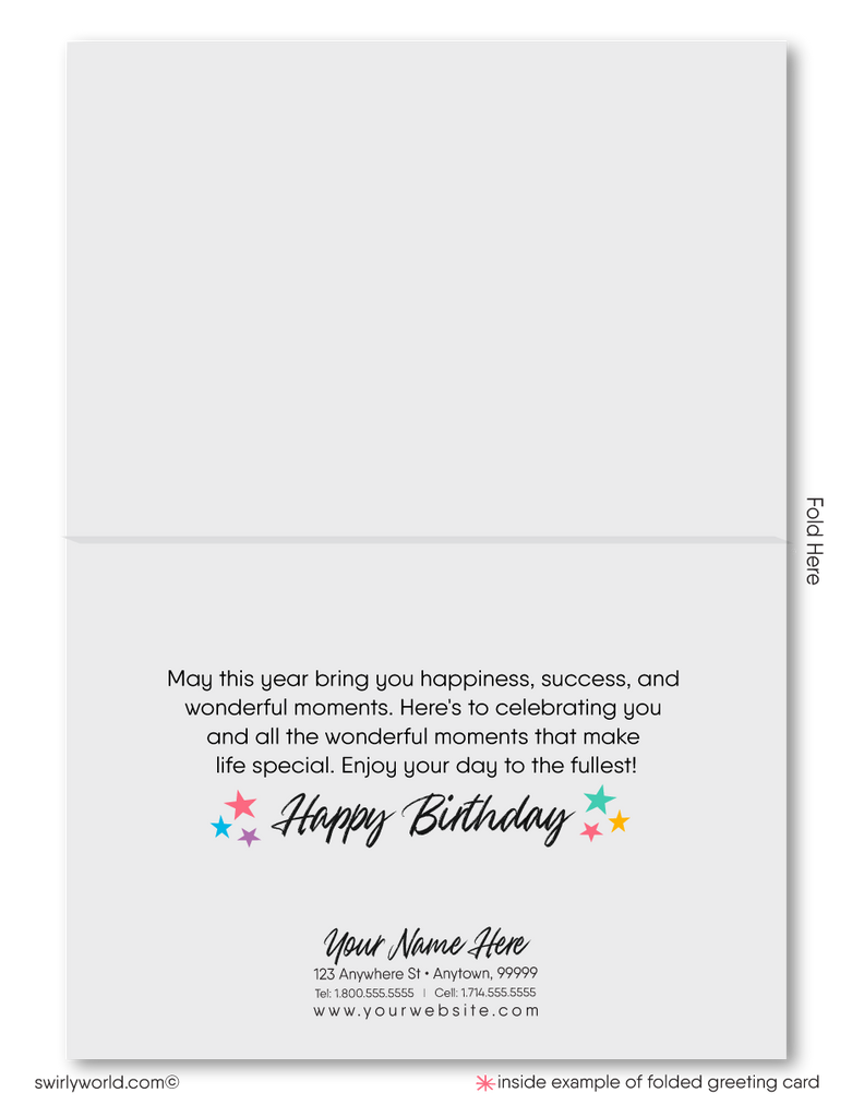Make your clients' special day memorable with our unique Happy Birthday card featuring a vibrant cake with candles design, retro-style calligraphy, and watercolor hues. Available as folded or flat cards, printed on thick card stock with matching envelopes. Upgrade to customized envelopes with your logo for a professional touch.