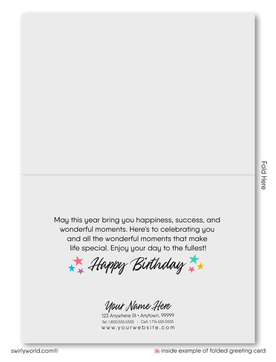 Make your clients' special day memorable with our unique Happy Birthday card featuring a vibrant cake with candles design, retro-style calligraphy, and watercolor hues. Available as folded or flat cards, printed on thick card stock with matching envelopes. Upgrade to customized envelopes with your logo for a professional touch.