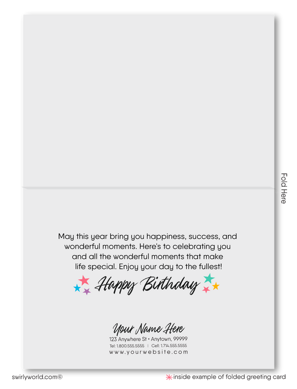 Make your clients' special day memorable with our unique Happy Birthday card featuring a vibrant cake with candles design, retro-style calligraphy, and watercolor hues. Available as folded or flat cards, printed on thick card stock with matching envelopes. Upgrade to customized envelopes with your logo for a professional touch.