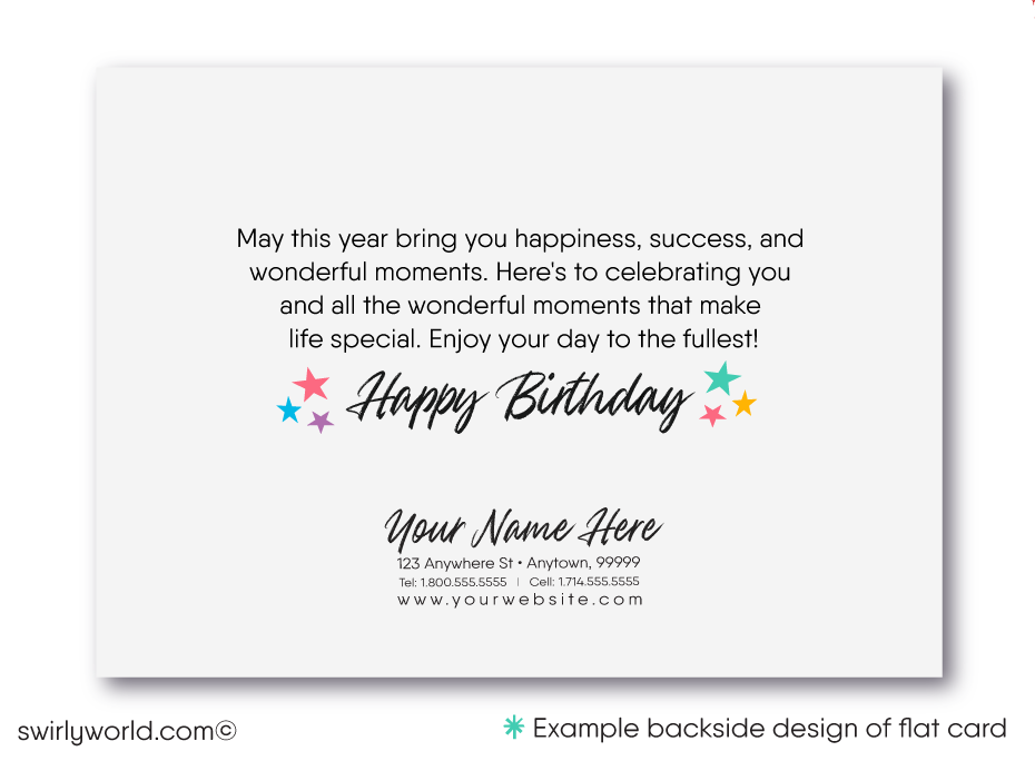 Make your clients' special day memorable with our unique Happy Birthday card featuring a vibrant cake with candles design, retro-style calligraphy, and watercolor hues. Available as folded or flat cards, printed on thick card stock with matching envelopes. Upgrade to customized envelopes with your logo for a professional touch.