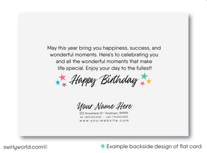 Make your clients' special day memorable with our unique Happy Birthday card featuring a vibrant cake with candles design, retro-style calligraphy, and watercolor hues. Available as folded or flat cards, printed on thick card stock with matching envelopes. Upgrade to customized envelopes with your logo for a professional touch.